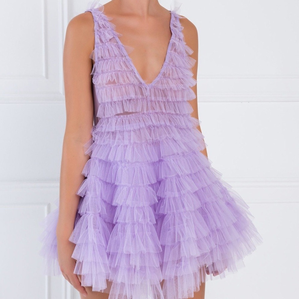 Kikiriki Tiered Tulle Ruffle Mini Dress Lilac Fairycore Coquette Prom NWT Size S